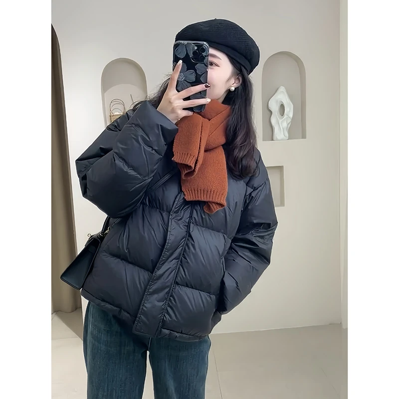 黑色短款羽绒服女轻薄白鸭绒小个子2025新款冬季加厚面包服外套