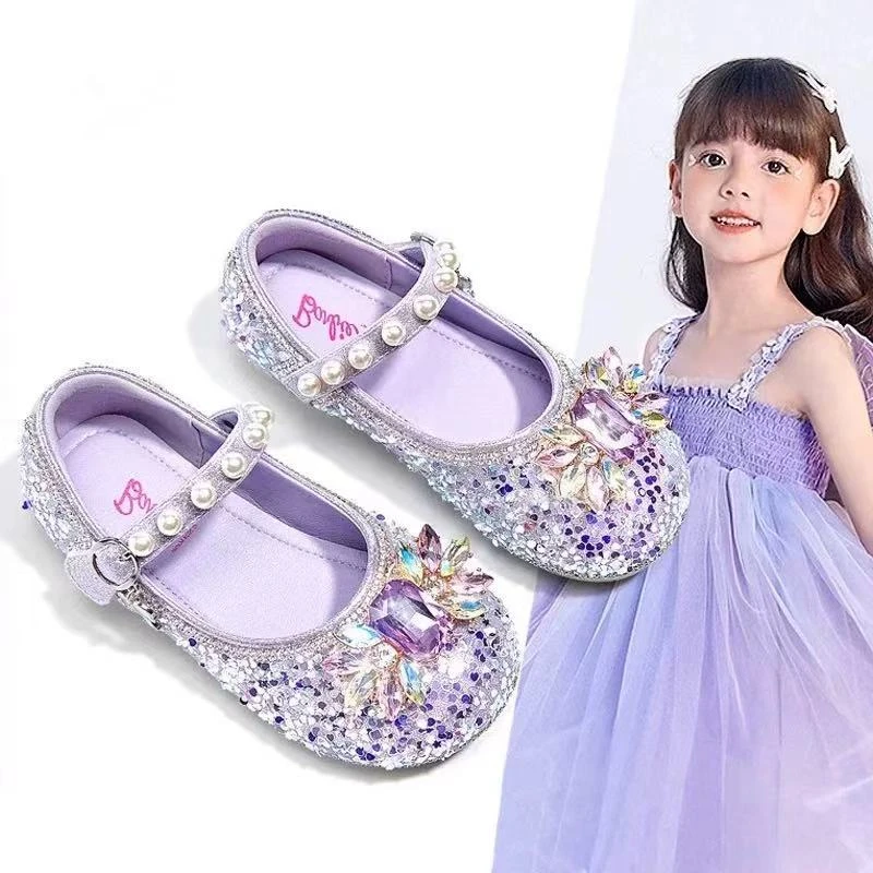 女童皮鞋2025新款春秋软底艾莎公主鞋小女孩水晶鞋女宝演出单鞋