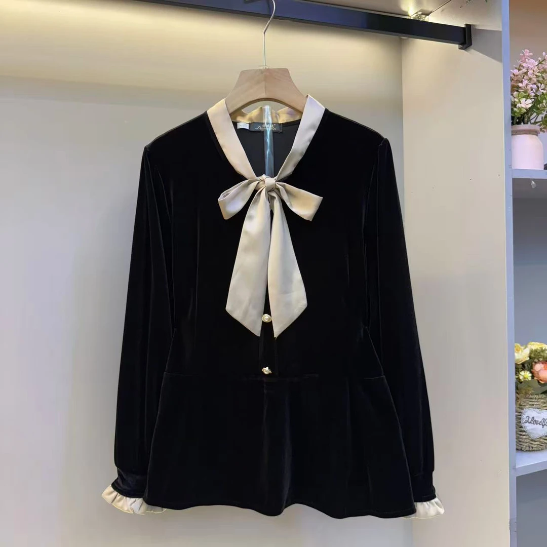 2025秋新款名媛风气质领结高级感显瘦丝绒衫8983