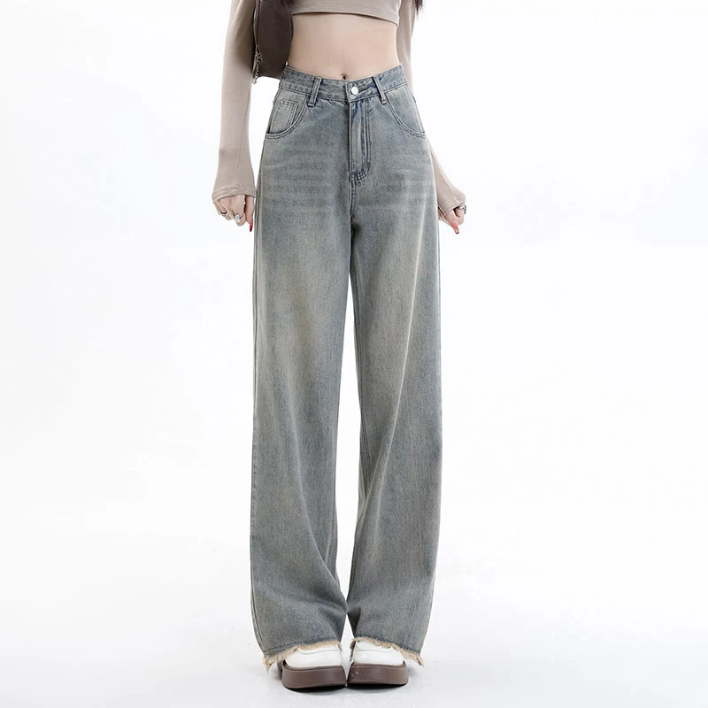 蒲恋美式复古直筒高腰牛仔裤女高腰宽松显瘦辣妹毛边阔腿长裤