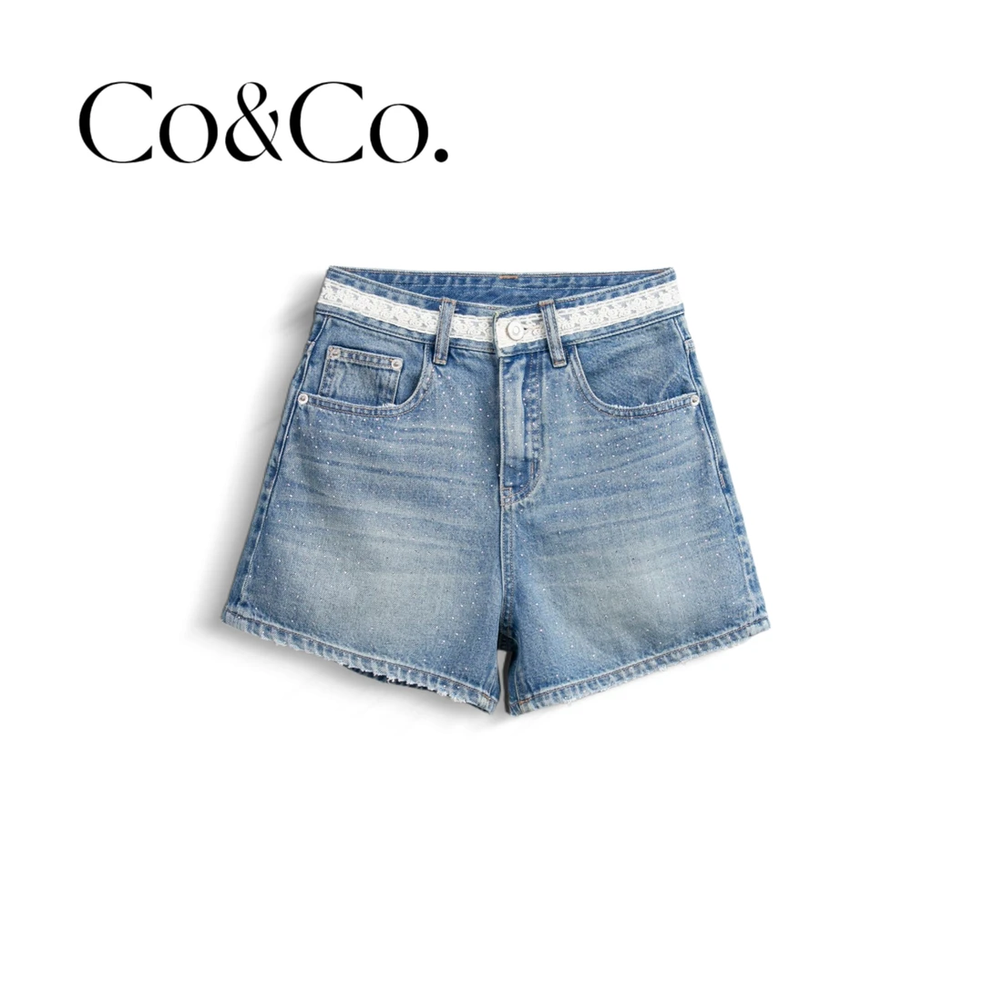 Co&Co.「梦幻」夏季薄款蕾丝烫钻高腰显瘦时尚潮流三分牛仔短裤1976