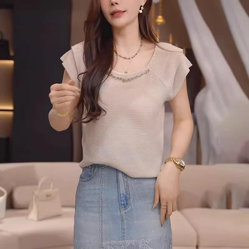 女士短袖针织衫夏季2025新款时尚显瘦设计感重工烫钻方领休闲上衣