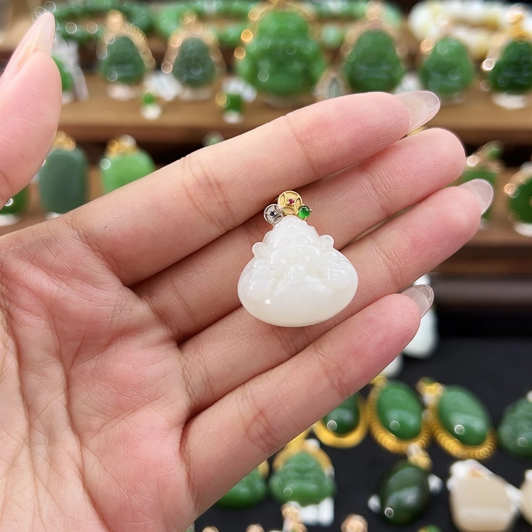 和田玉18K金镶嵌吊坠(不含链)白玉财神爷20mm