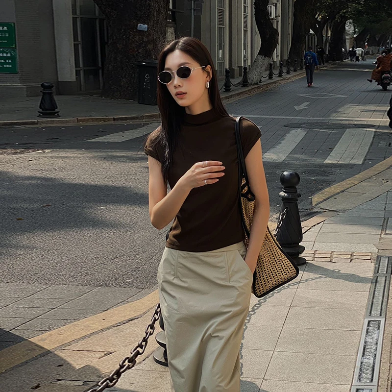 PURITYYH小众简约设计感半高领小飞袖短袖T恤女修身显瘦百搭上衣