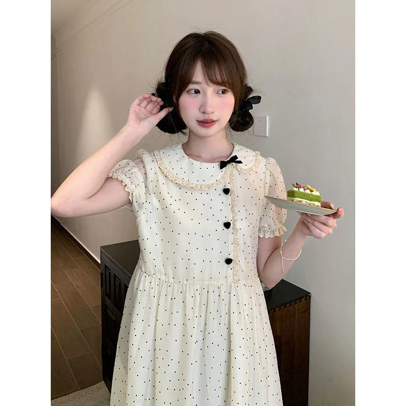 女大童法式连衣裙夏季初中生甜美复古学院风可爱波点娃娃领公主裙