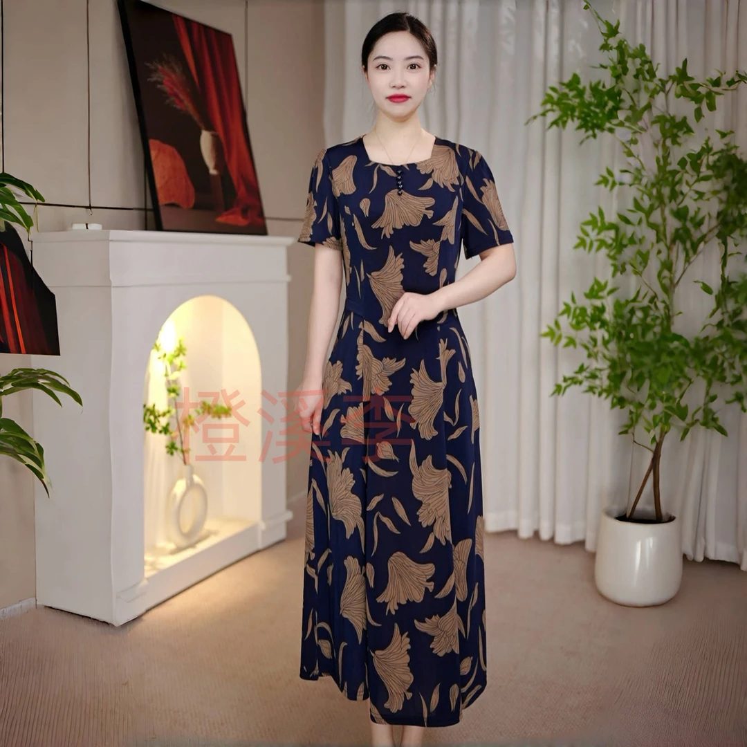 2024夏季新款裙子印花时尚连衣裙气质洋气短袖显瘦妈妈减龄1628