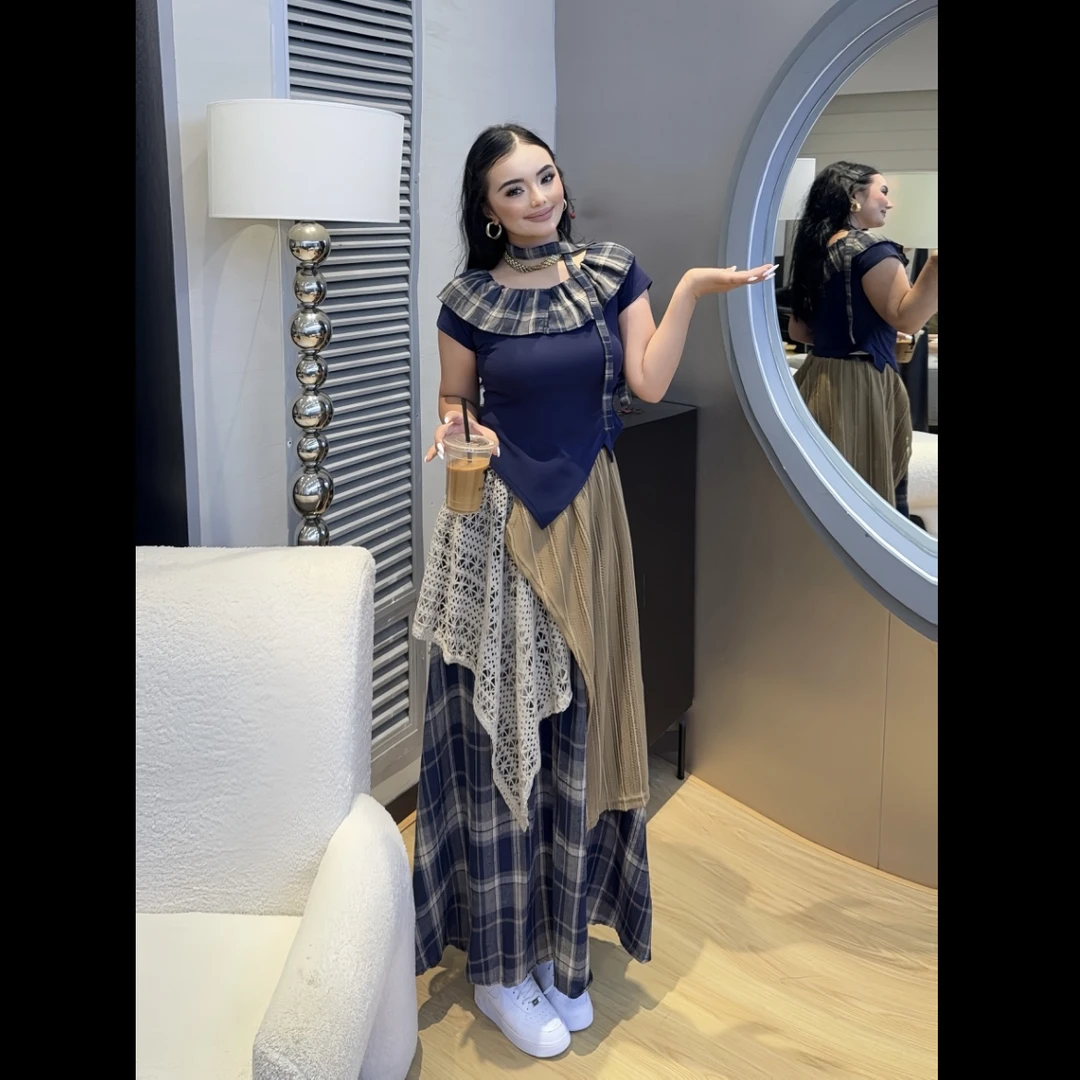 设计感法式常规T恤荷叶边拼接套装气质短袖纽扣格子