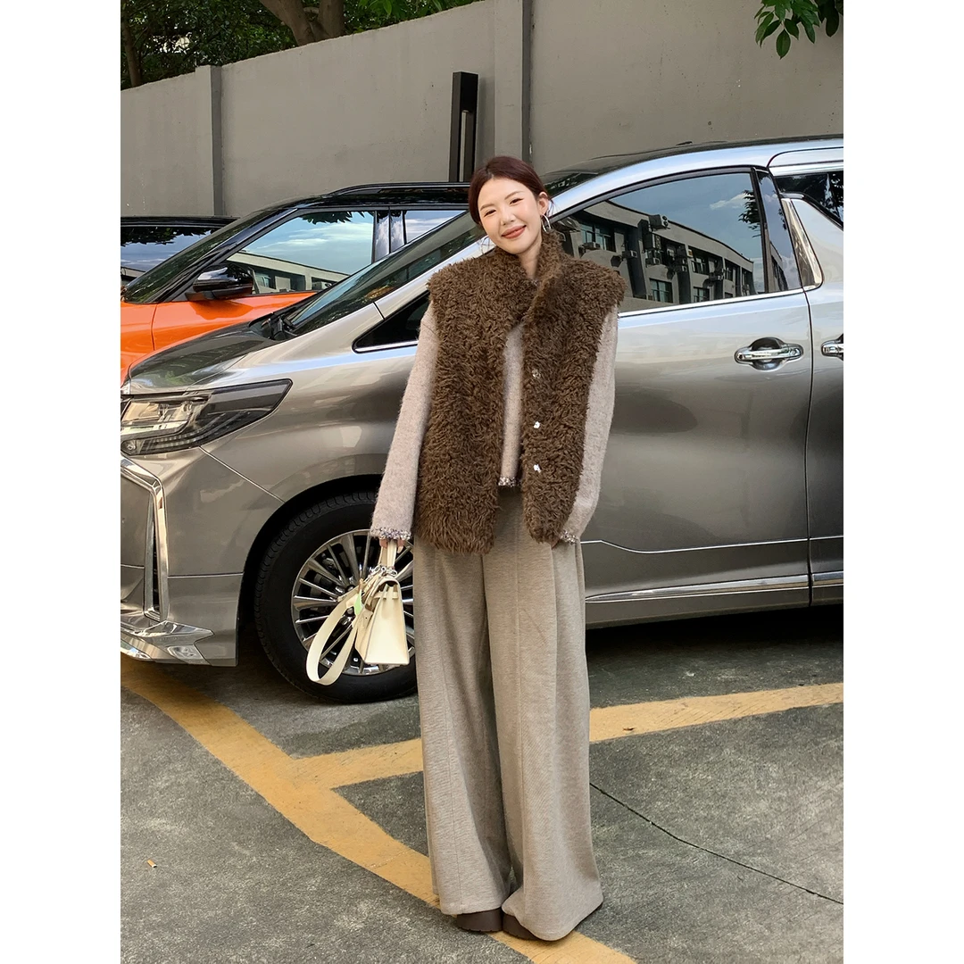 甜辣多多【暮光琥珀】纯色立领毛绒无袖背心马甲女冬季休闲保暖外套