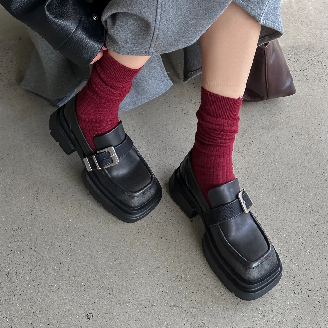 SGIRL【K628-1-2】2025秋季方头擦色皮带扣厚底时尚松糕鞋乐福鞋