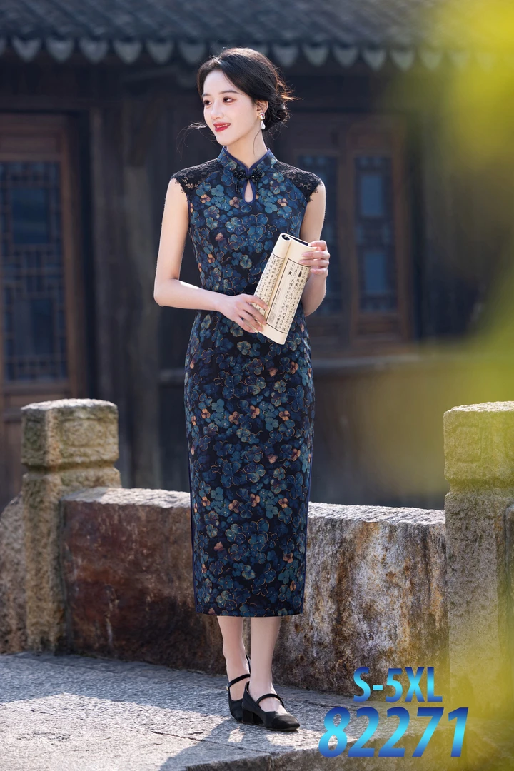 82271-旗袍高春夏中式经典民国风长款传统女2025高端新款无袖水滴