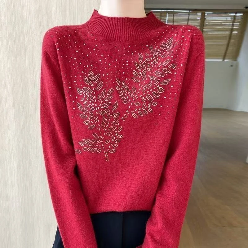 针织毛衫女半高圆领高温烫钻打底毛衣宽松百搭显瘦绒毛针织衫