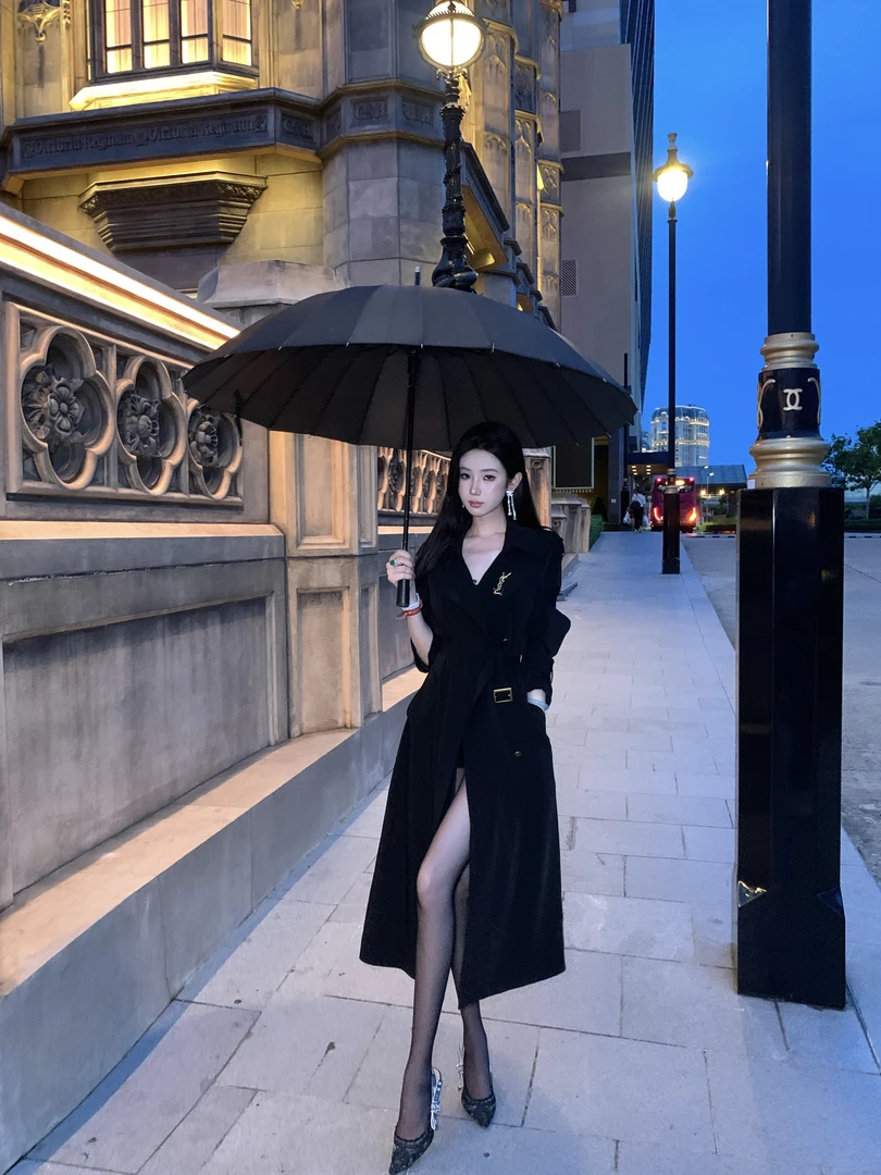 【雅乔定制】冷艳禁区 高级感时尚黑色中长款风衣外套DYYK-25052441