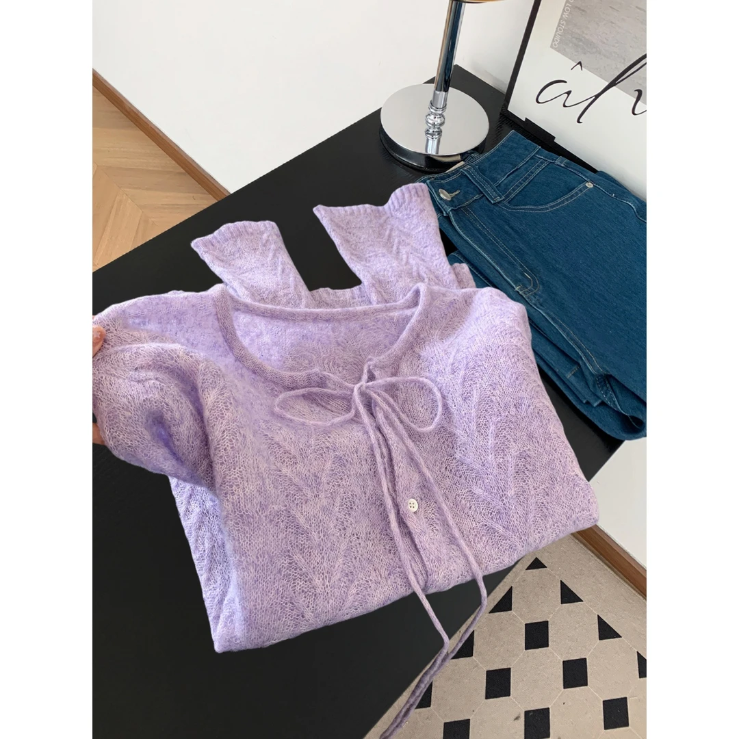 紫色气质温柔风圆领套头毛衣开衫女秋季时尚高级感绑带针织衫上衣