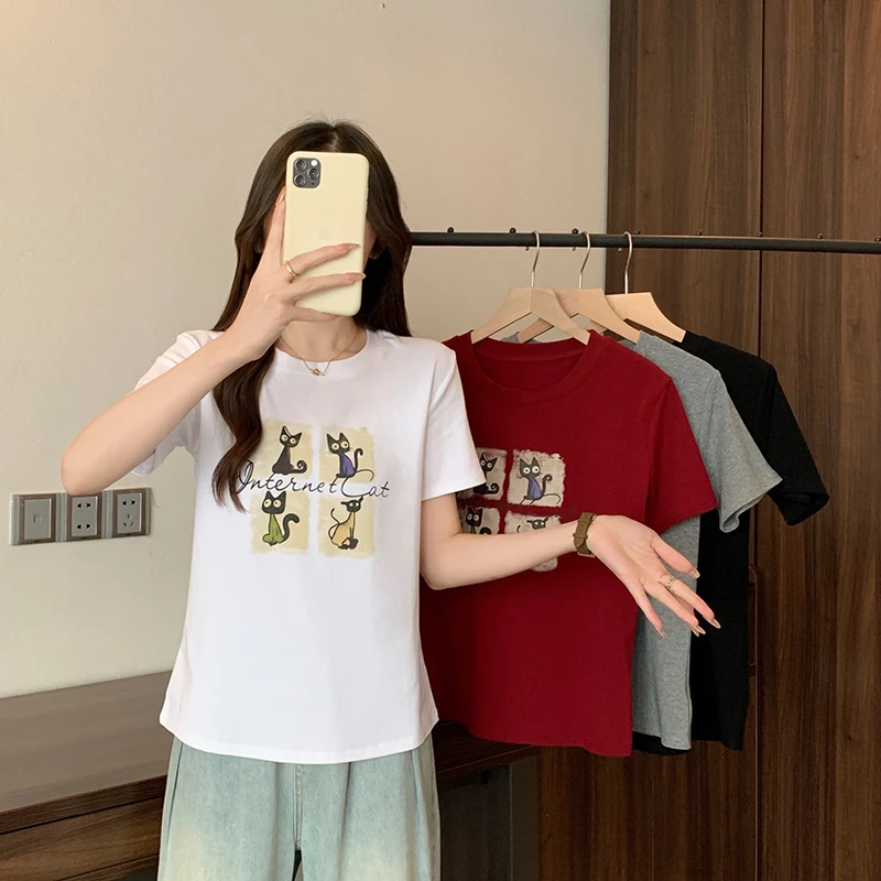2025春装新款胖mm大码女百搭设计感小众猫咪字母印花短袖T恤上衣