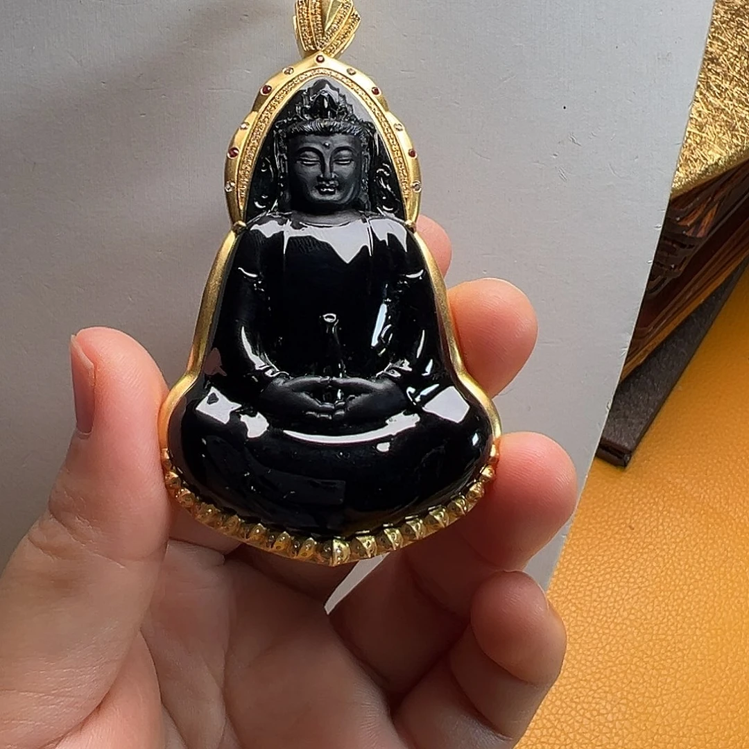 翡翠18K金镶嵌颈饰籮*頭墨翠素衣