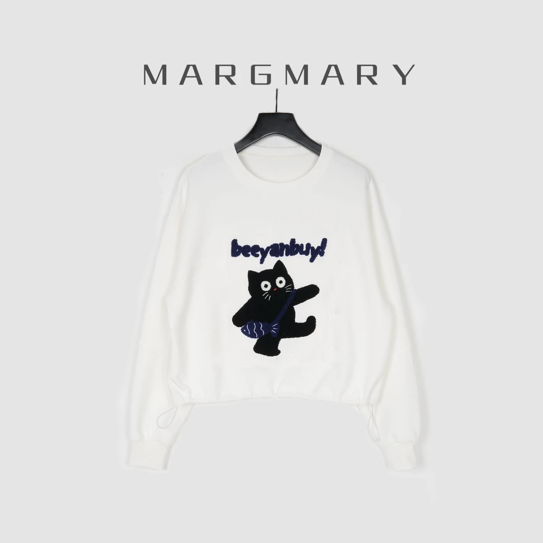 2025春季设计师款休闲时尚百搭潮流刺绣小猫圆领卫衣