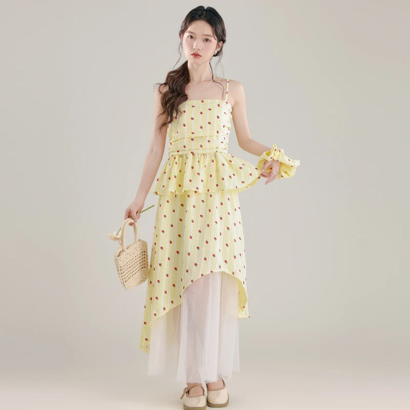 夏季法式荷叶边吊带连衣裙设计感网纱拼接不规则长裙两件套装裙子