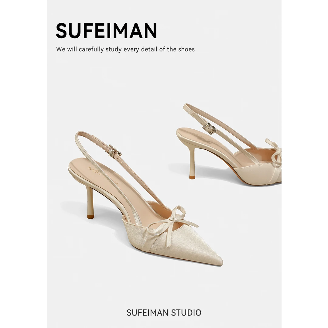 香槟色法式蝴蝶结绸缎气质尖头单鞋夏季包头凉鞋裸色一字带高跟鞋