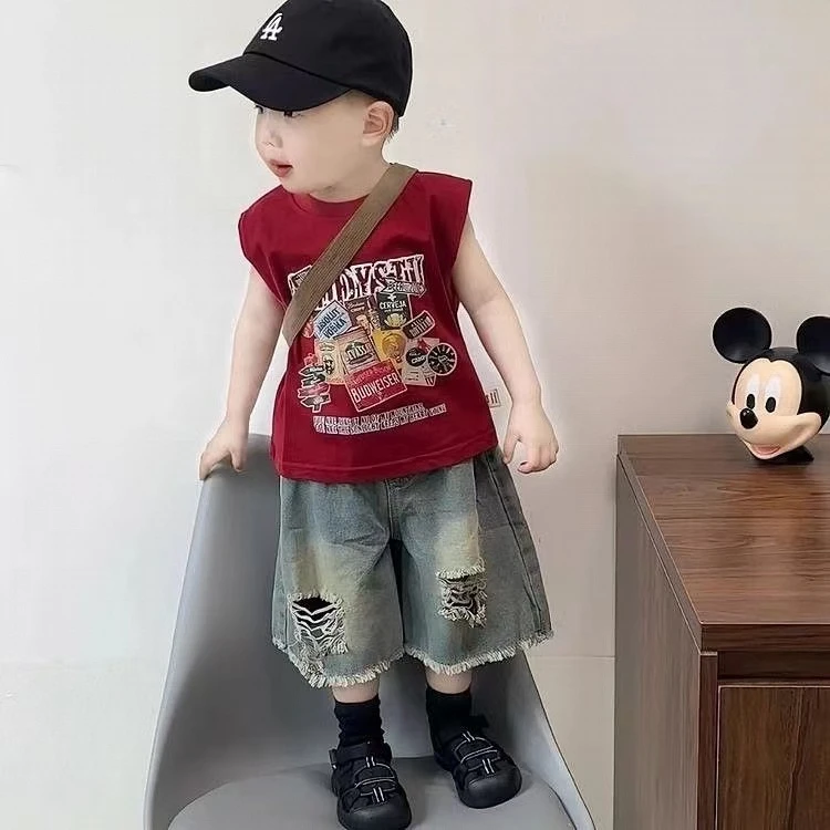 戴维贝拉 【断码】夏季帅气男童套装2025新款酷帅安可拉红背心儿