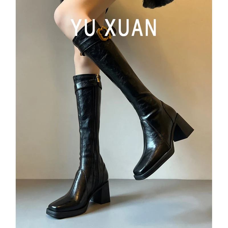 羊皮版~真皮金属扣厚底不过膝长靴粗跟长筒靴女高筒瘦瘦靴骑士靴