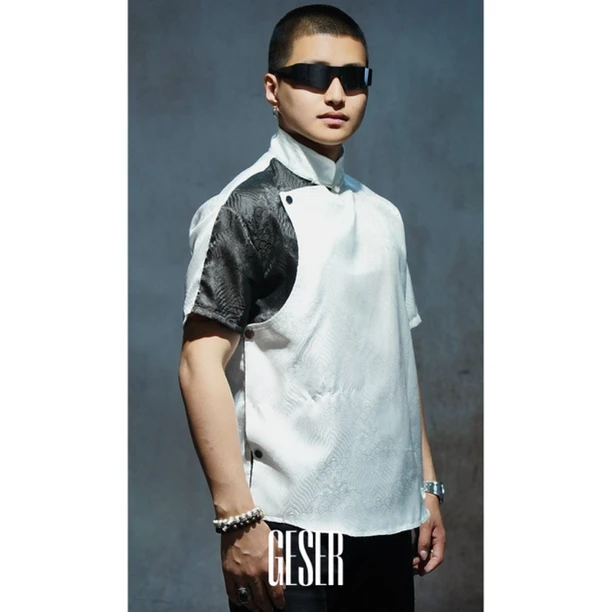 格斯尔｜双面人｜国风新中式民族风休闲透气夏季立领男士拼接色短袖