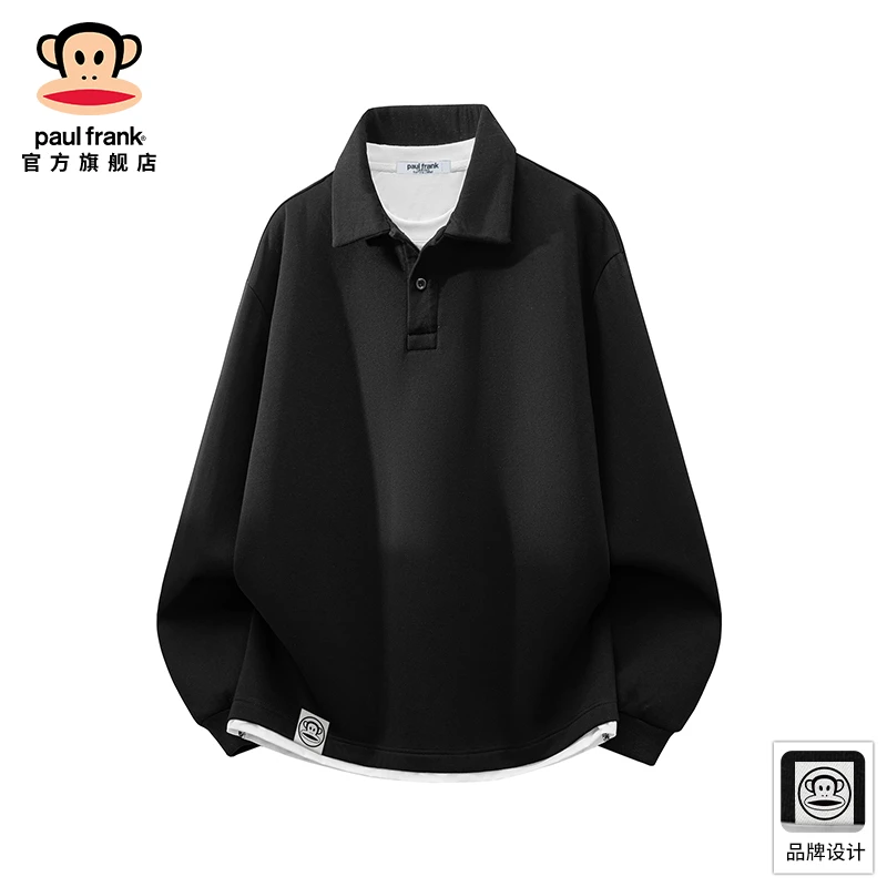 PaulFrank/大嘴猴高级感黑色翻领卫衣男士秋冬新款假两件长袖上衣