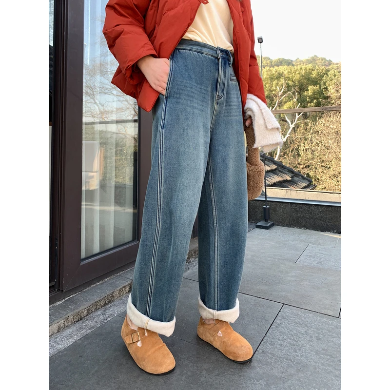 【ALINDM年终大清仓】胖mm显瘦直筒裤冬季200斤加绒牛仔阔腿裤J0205