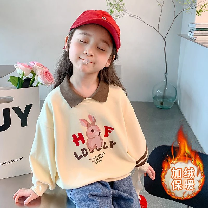 女童中小童长袖polo领卫衣时髦洋气拼接撞色卡通字母兔子时尚上衣
