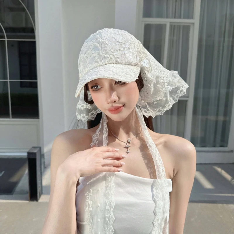 NIUYANG 原创蕾丝帽薄肌理亮片棉质球帽头巾复古透气夏款鸭舌帽