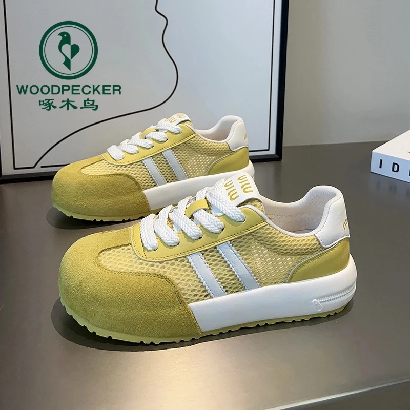啄木鸟厚底休闲板鞋德训鞋女2025夏季网面小白鞋增高运动休闲百搭