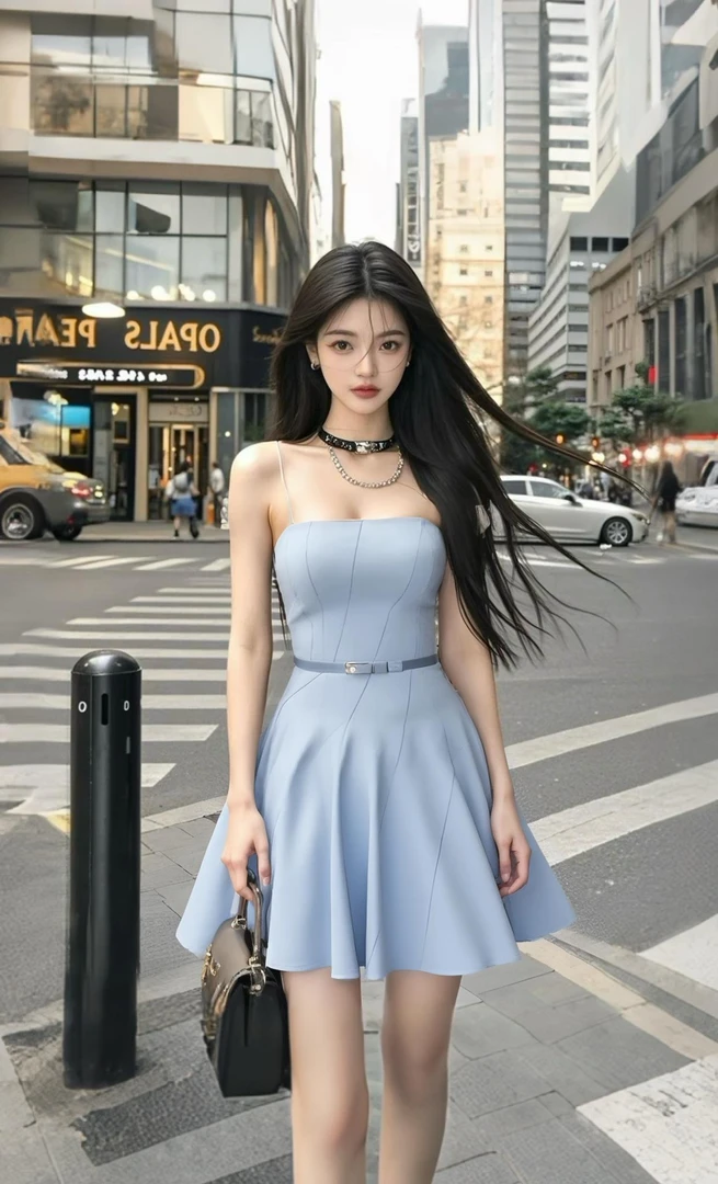 新款夏季2025蓝色一字肩吊带收腰显瘦连衣裙女小众设计时尚高级感