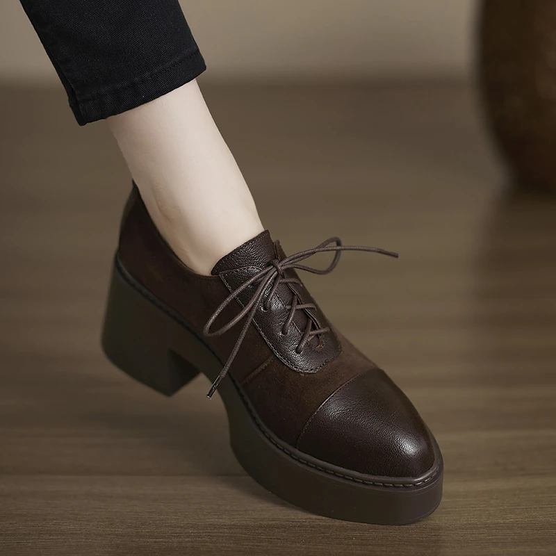 小个子增高8cm~复古英伦风小皮鞋尖头系带拼接深口单鞋粗跟高跟鞋