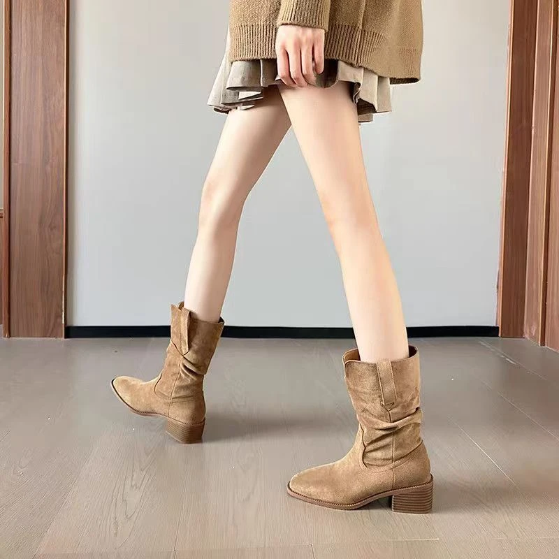 洋气好看时尚新废土风堆堆短靴子女粗跟复古中筒马丁靴西部牛仔靴