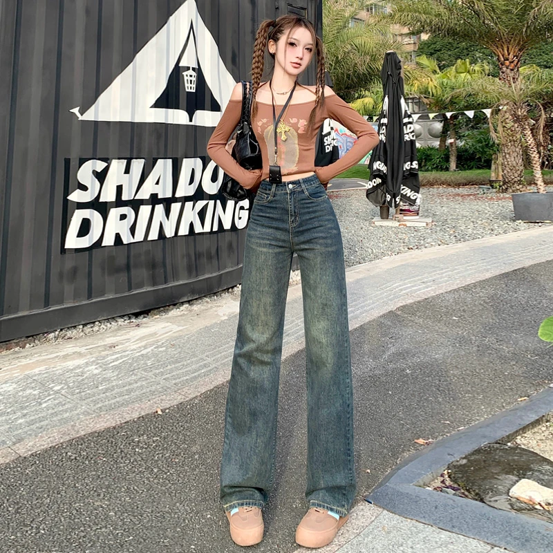 高腰窄版阔腿拖地裤牛仔裤女春夏2025新款显瘦宽松直筒牛仔裤长裤