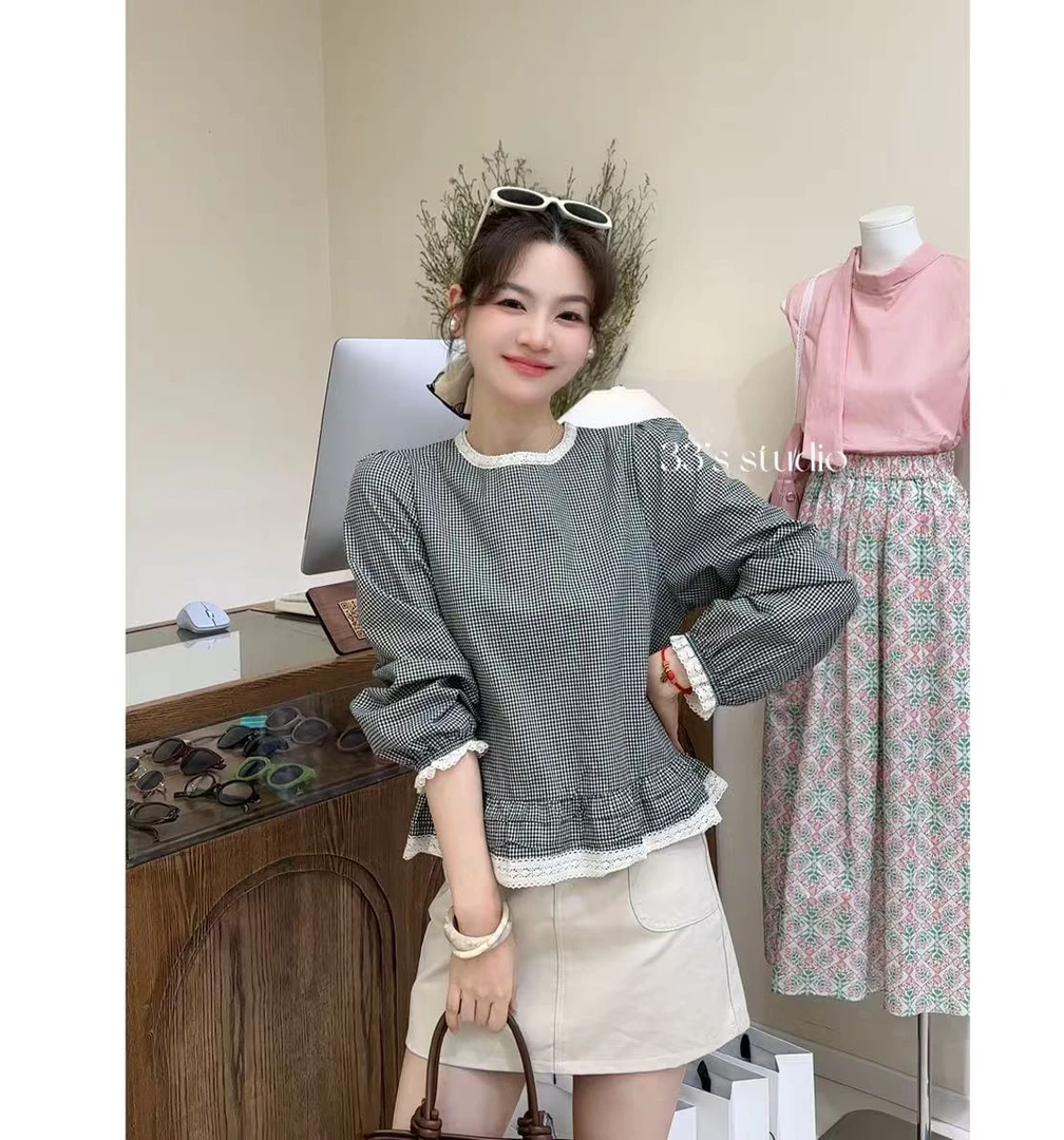 欧洲站2025秋季新款欧货甜美刺绣花边圆领泡泡袖荷叶边套头小衫女