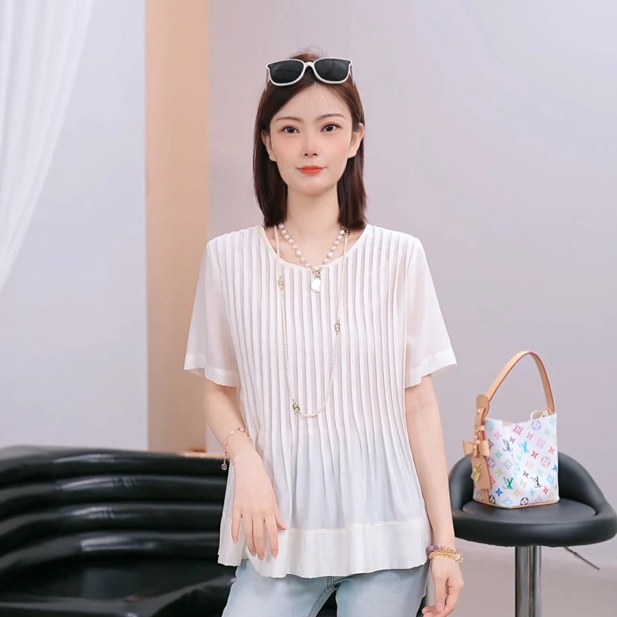 ~清仓~夏装新款重工百褶宽松显瘦百搭减龄上衣圆领娃娃衫