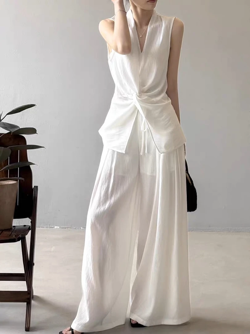 （老钱风亚麻套装）无袖衬衫扭结气质高级上衣阔腿裤休闲套装T5272#