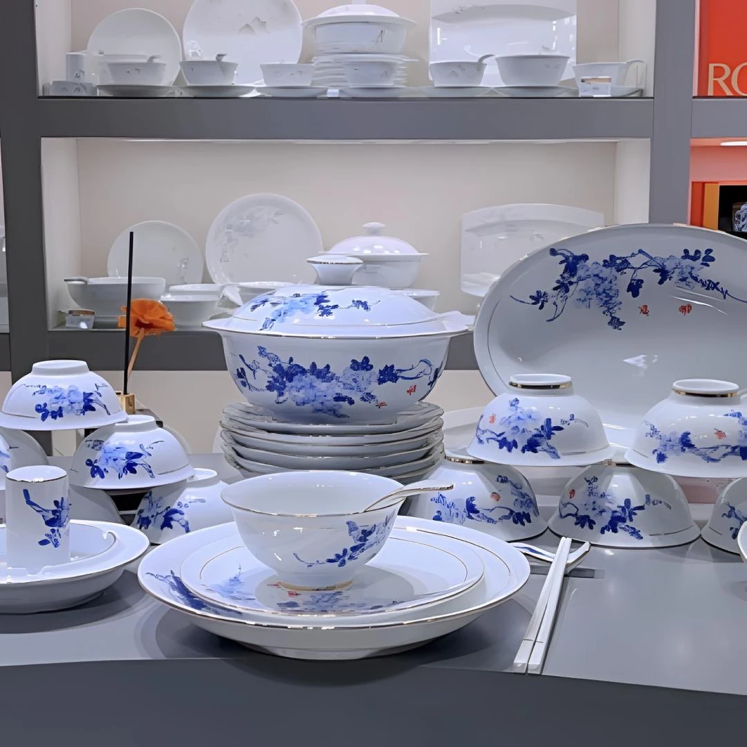 景德镇白瓷餐具套装手绘纯手工紫气东来高档餐具
