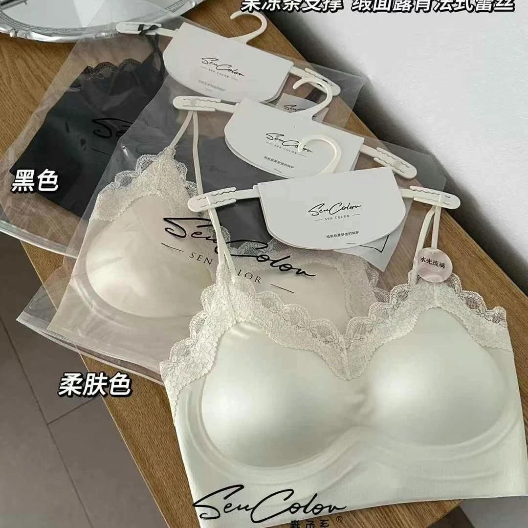 森色系果冻条软支撑缎面露背法式蕾丝带胸垫一体舒适透气裹胸美背