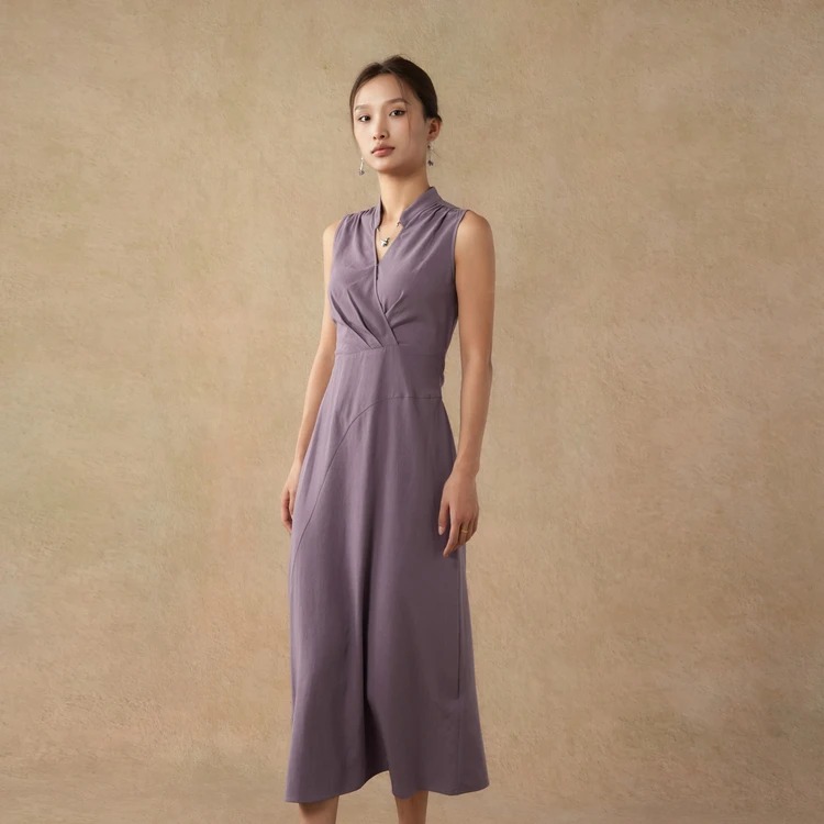 西町村屋气质V领系带连衣裙女夏季新款复古长款无袖裙子XXAB10071