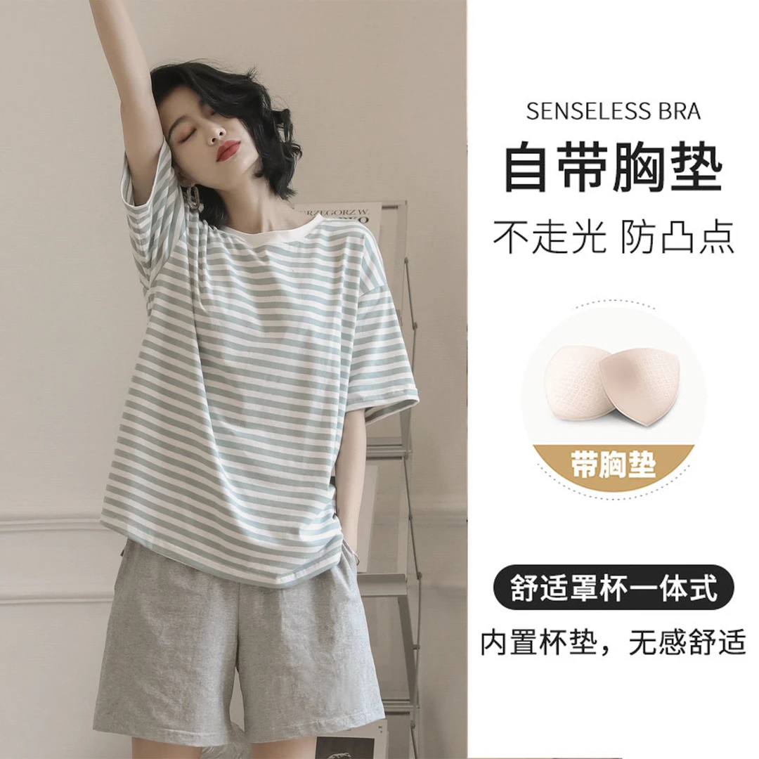 睡衣女款2025新款夏季纯棉短袖夏款自带胸垫一体式女士家居服套装