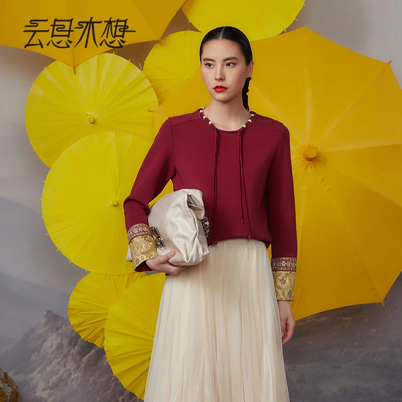 Ysimo-X云思木想 索玛花开 提花绣花拼接串珠长袖女士卫衣12514