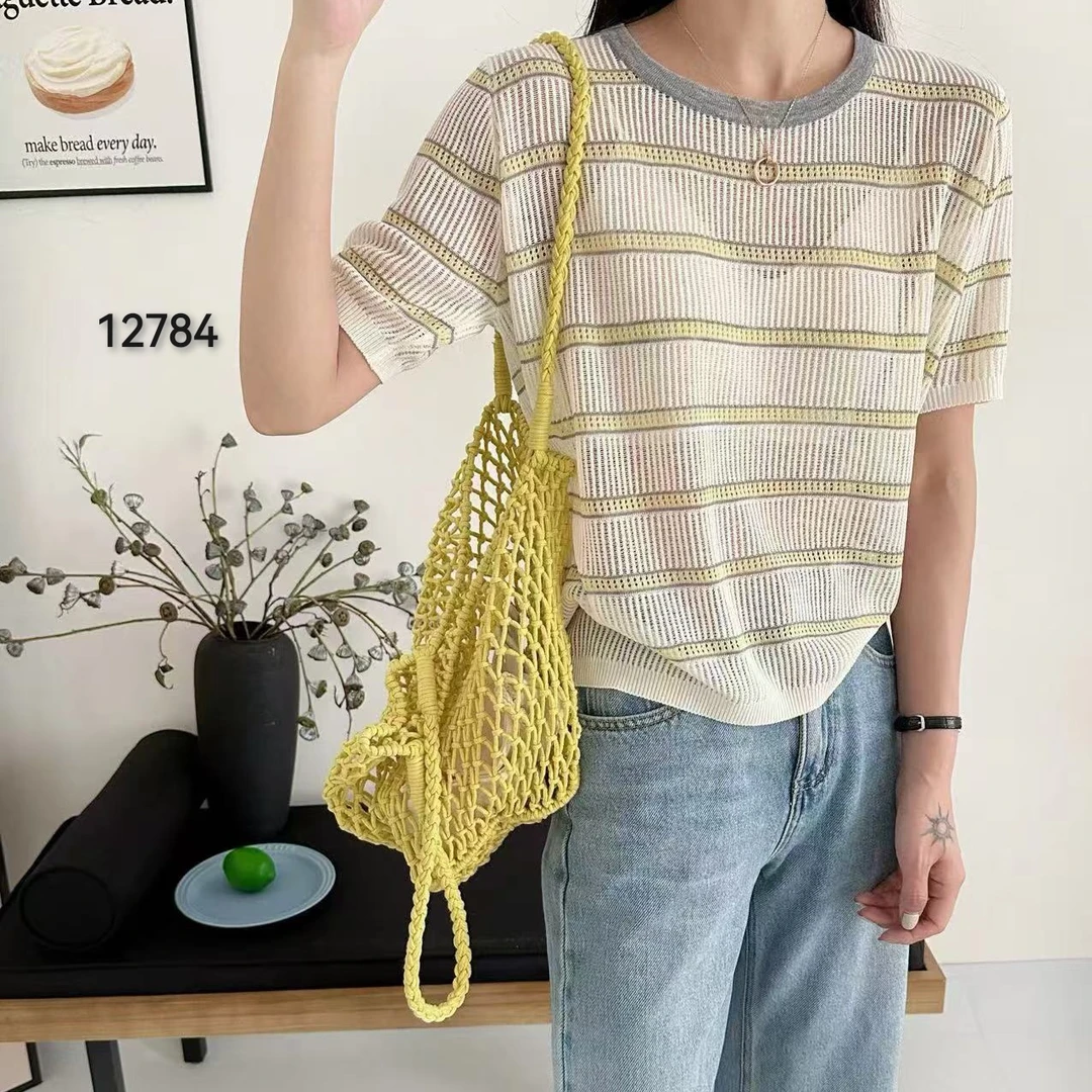 12784（部分无水洗唛，介意慎拍）WANGDAN新款镂空撞色短袖