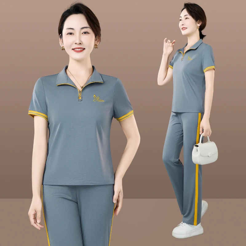 恩狐时尚妈妈夏装套装洋气立领短袖直筒裤2025新款休闲两件套