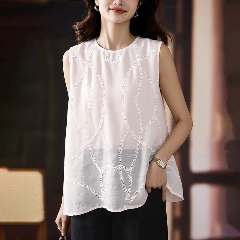 2025夏季新款白色亚麻衬衫女时尚减龄宽松显瘦别致设计感无袖上衣