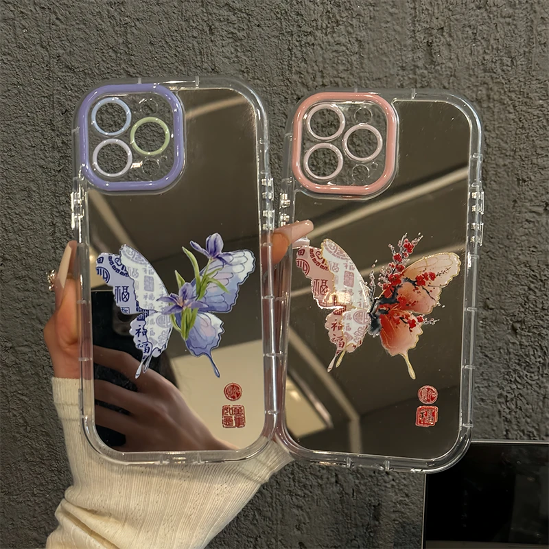 适用苹果15镜面奶油iPhone16pro手机壳mate华为OPPO腊梅蝴蝶防摔