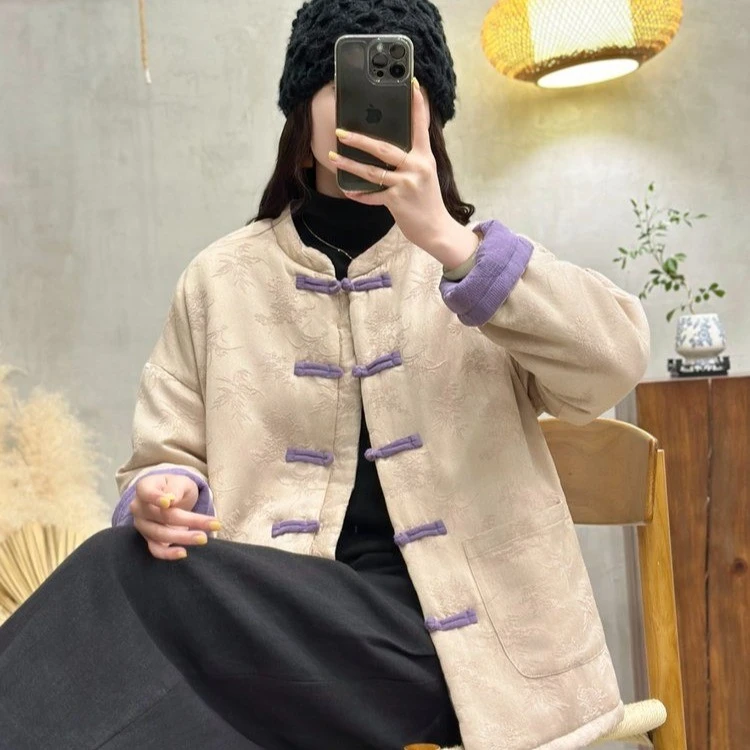 2025新款新中式棉麻棉衣冬季复古立领显瘦保暖棉服加厚提花外套
