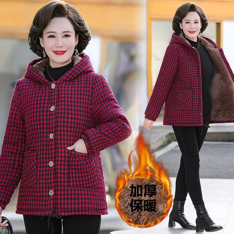 加厚中老年女装连帽中老年老年人中年加绒短棉袄棉衣