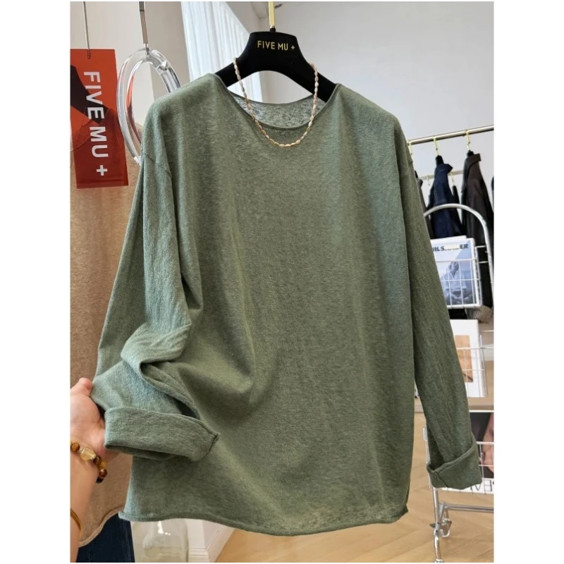 韩系2-300斤超大码亚麻纯色长袖T恤春秋男女慵懒休闲宽松打底上衣