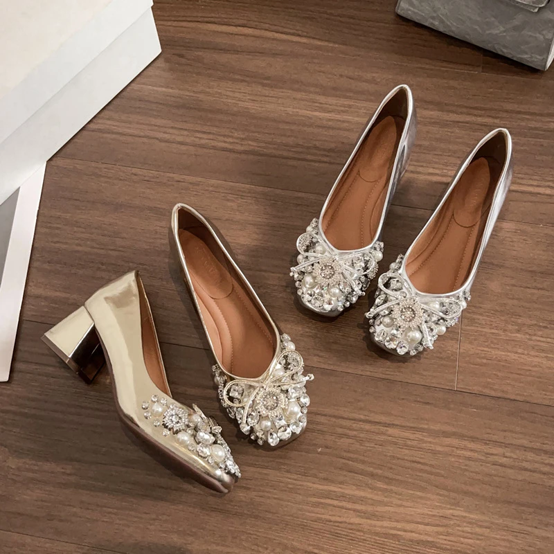 2025新款配裙子晚晚鞋软底不累脚高跟女鞋法式气质银色粗跟单鞋女